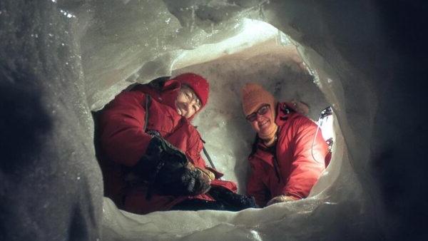 Sr. Mary and Dr. Mary Alice McWhinnie in ice cave near the Ross Ice Shelf